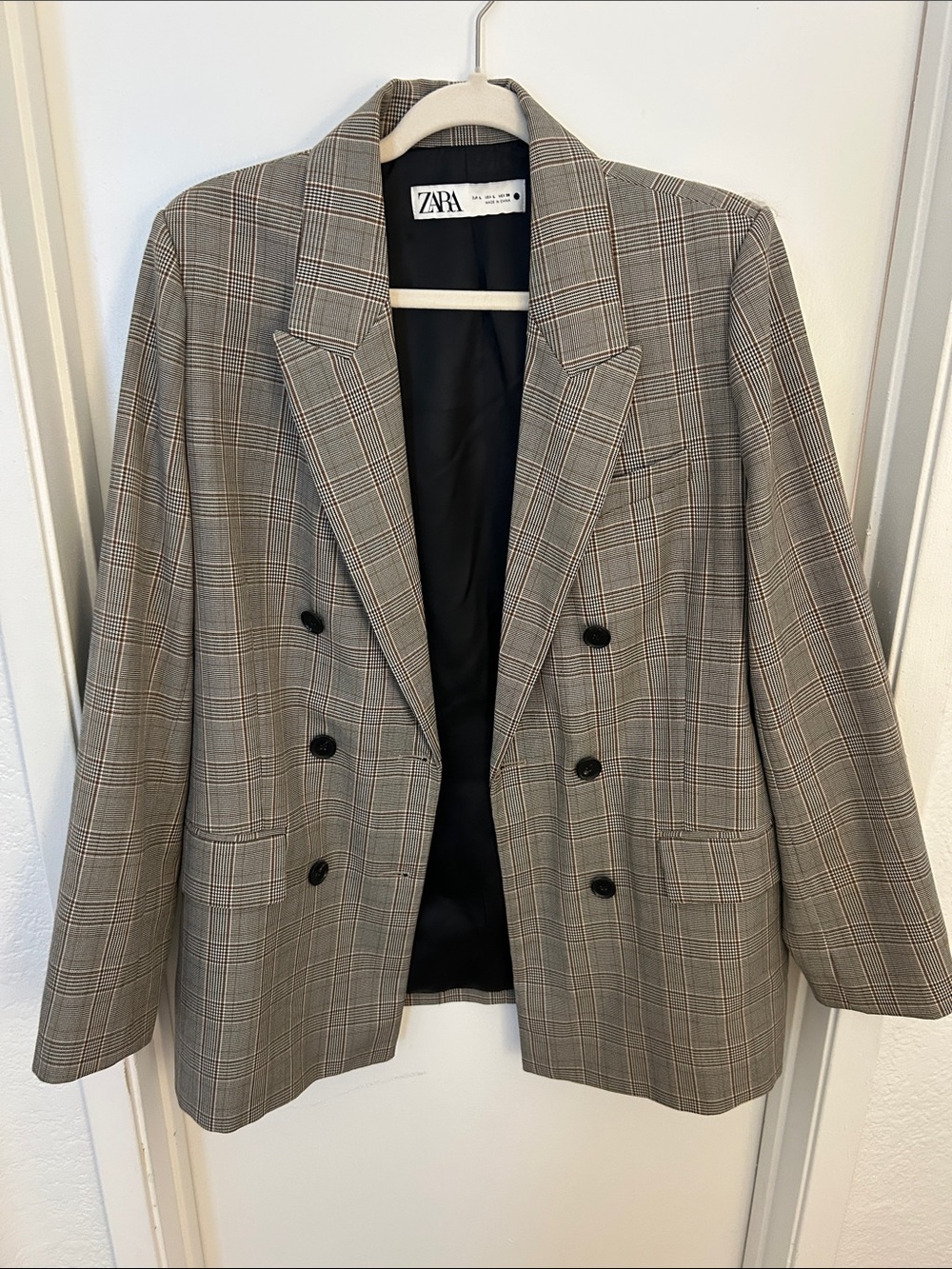 Zara Double-Breasted Plaid Blazer in Brown and Black